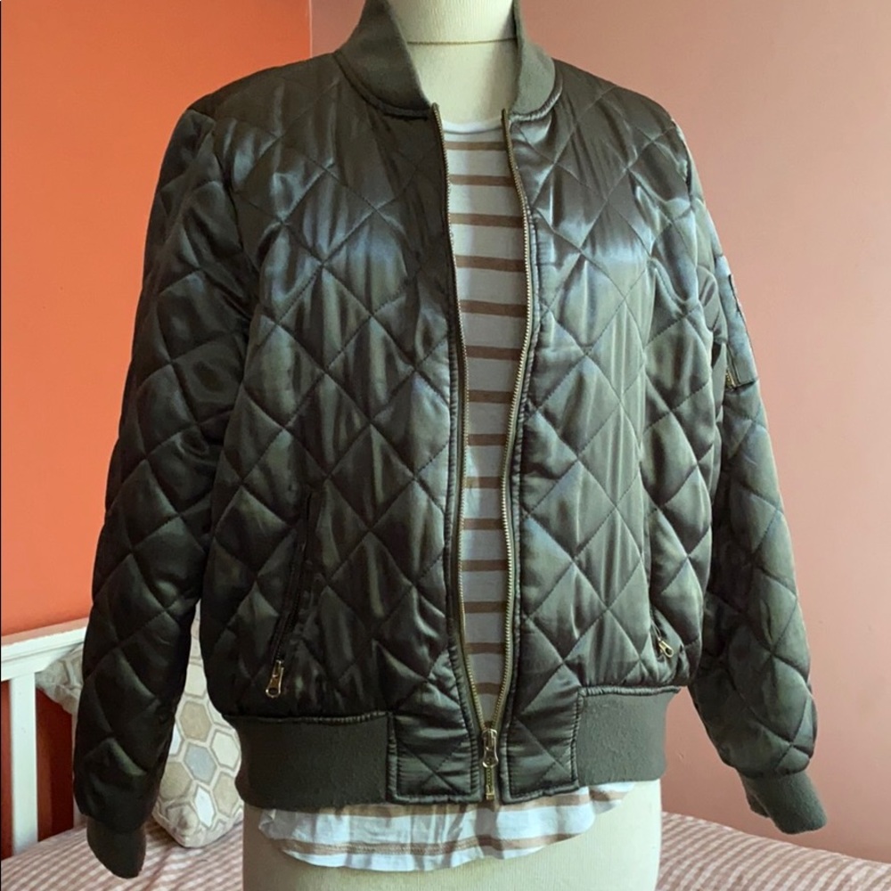 Army green satin quilted bomber jacket